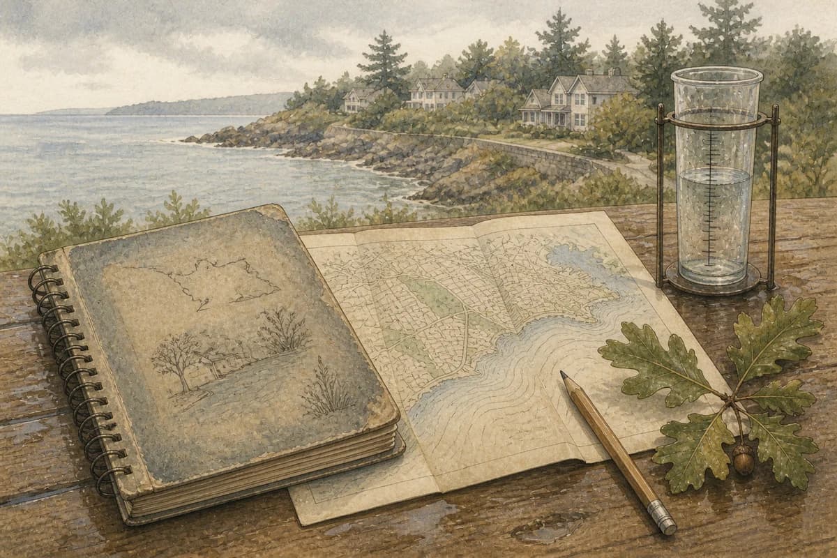 An illustrated climate-planning notebook and map on a table overlooking the Oak Bay shoreline