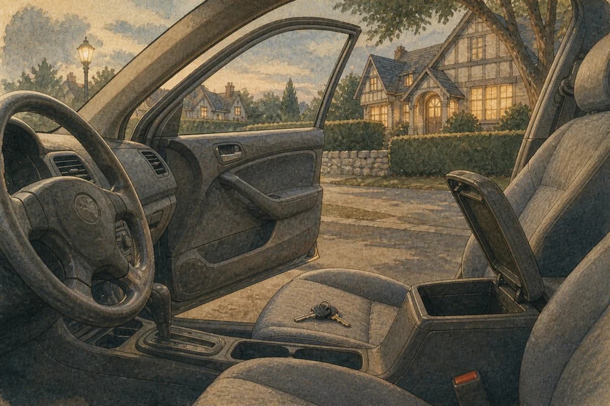 An illustrated unlocked car with its driver's door ajar on a quiet Oak Bay street at dusk