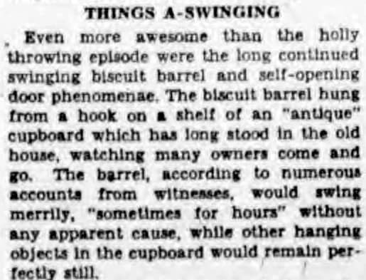Newspaper column headed Things A-Swinging, describing the biscuit barrel that would swing sometimes for hours
