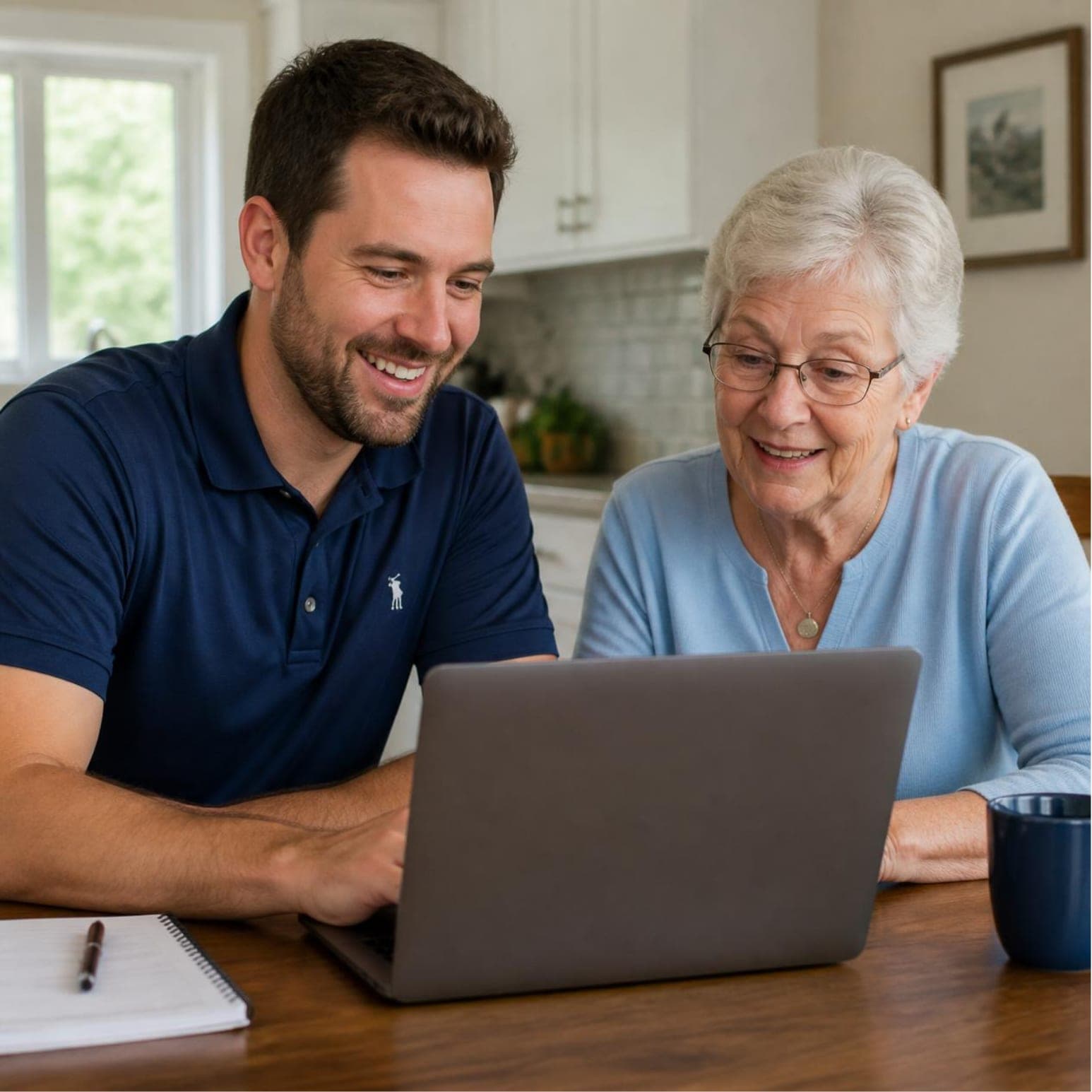 A Tech-Wise coach sitting with a senior at a kitchen table, looking at a laptop together
