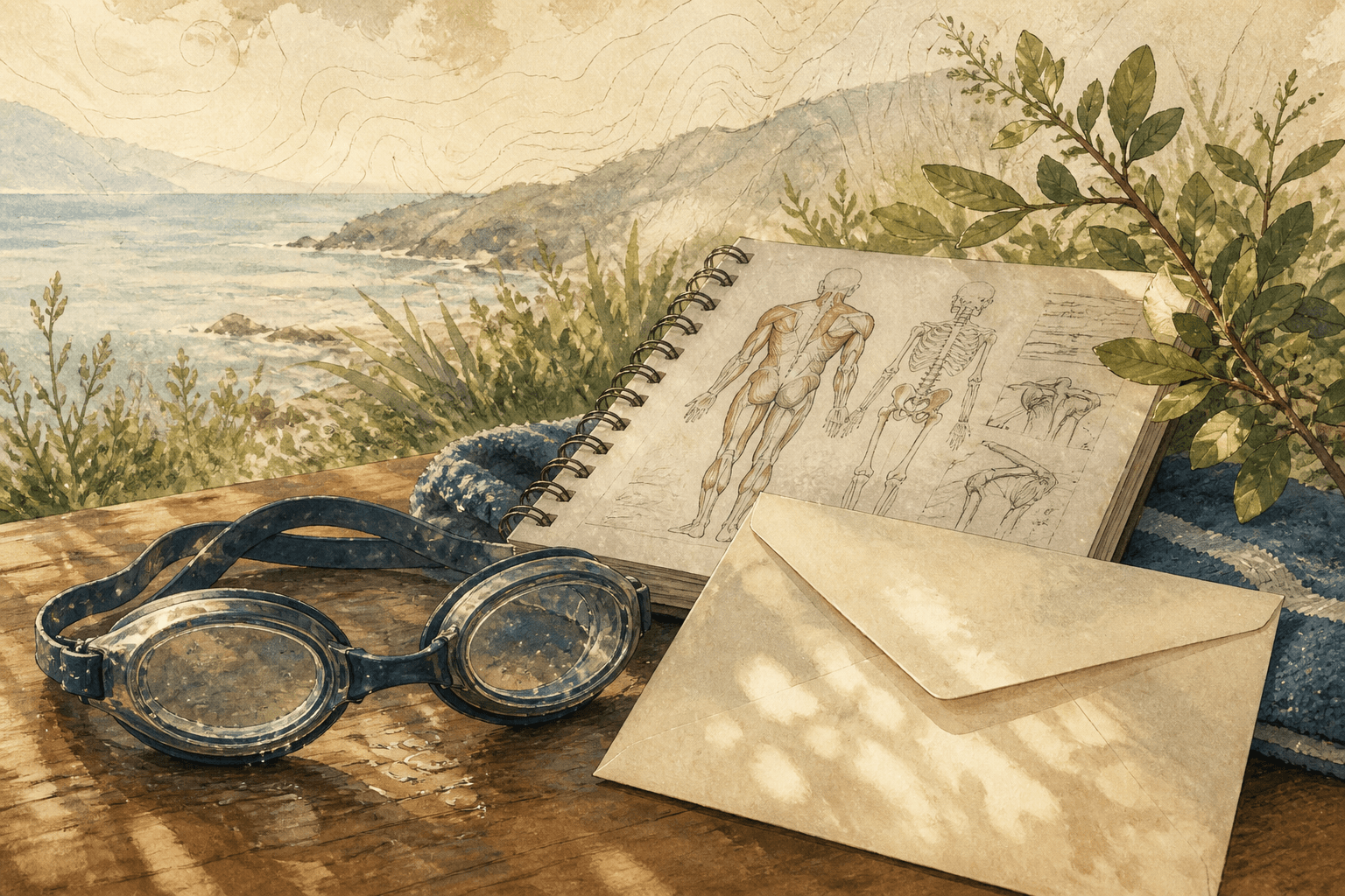 An editorial illustration of swim goggles, a physiotherapy notebook and a university envelope overlooking the coast