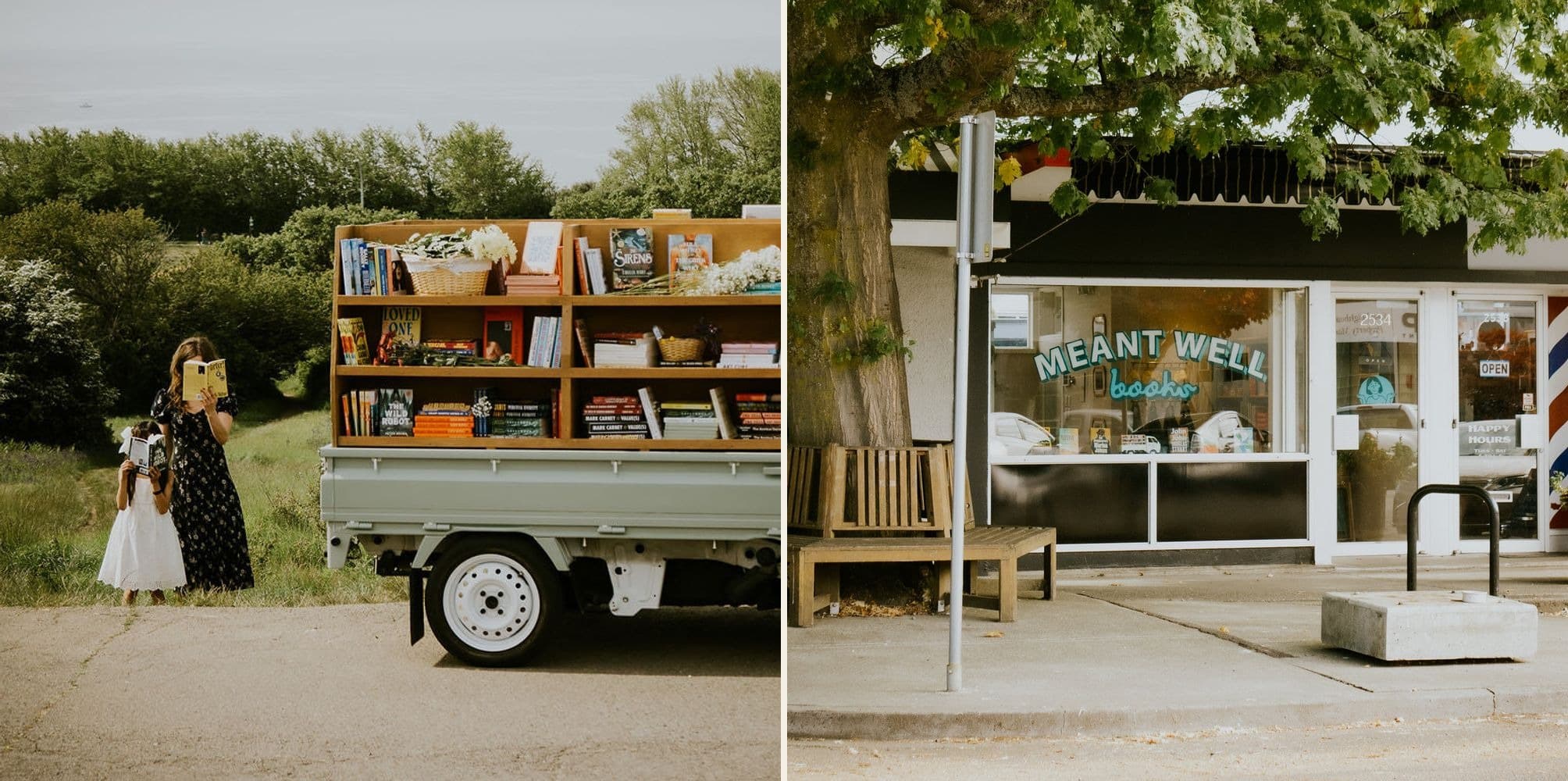 Two photographs: readers beside the Meant Well Books truck on the left; its storefront at 2534 Estevan Avenue on the right.