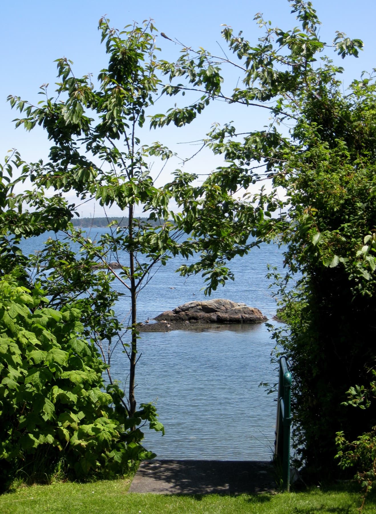 A public beach-access path at Surrey Road reaches a rocky Oak Bay shoreline