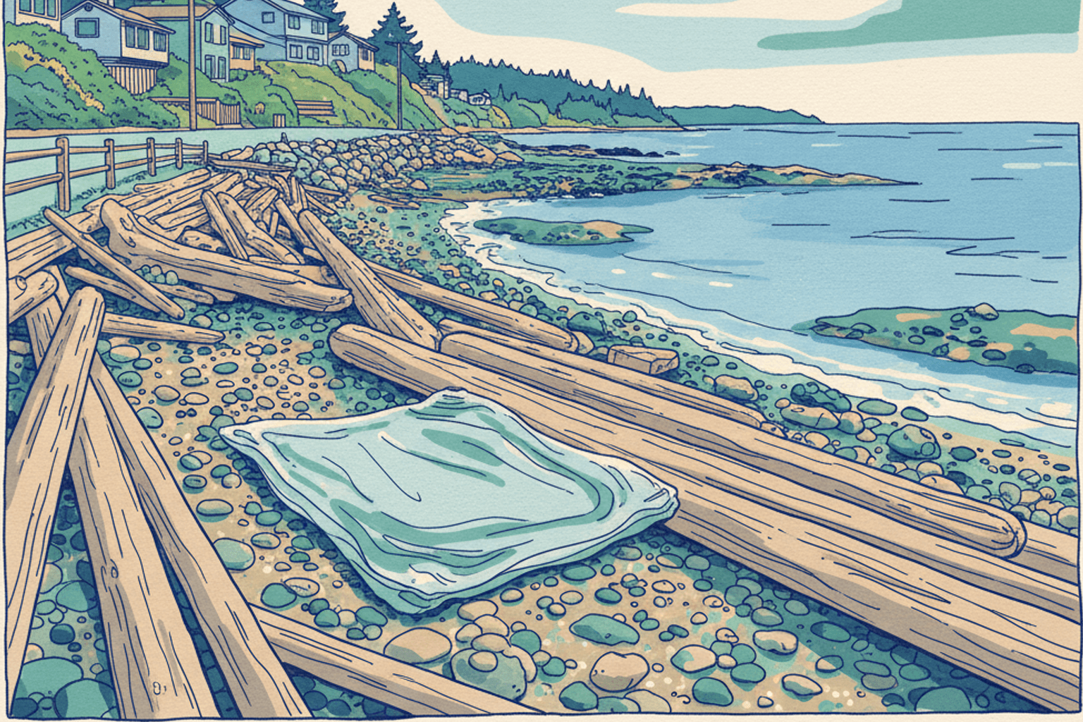 An editorial illustration of neighbours removing debris from a beach