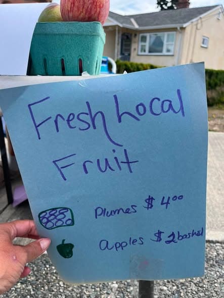 A handwritten fruit-stand sign with a basket of apples behind it.